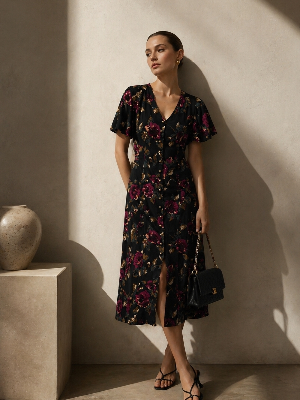 Button-Front Floral Midi Dress in Black and Plum